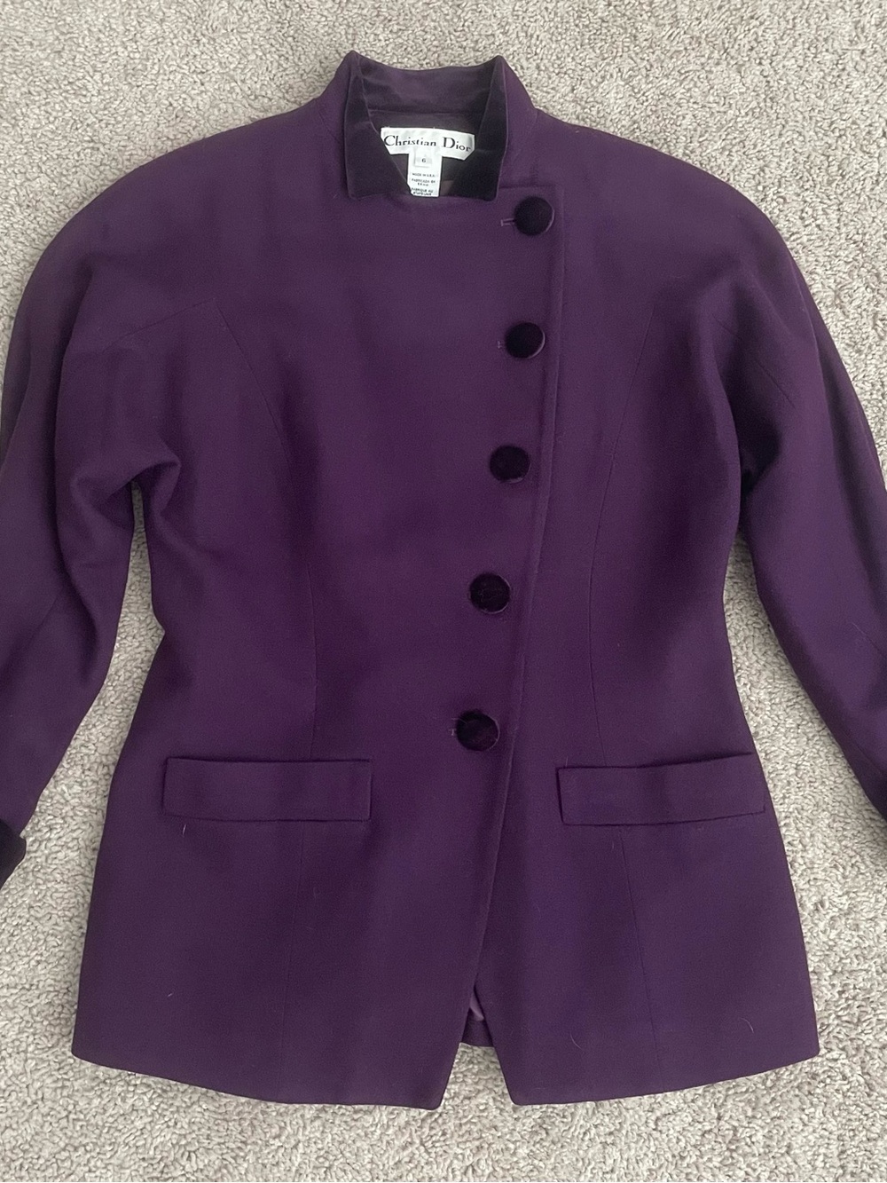 Vintage Christian Dior Pure Worsted Wool Velvet Trim Asymmetric Blazer Jacket 6